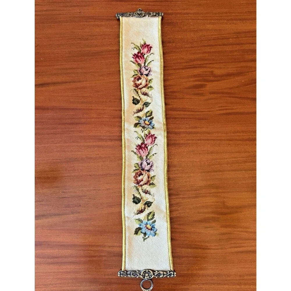 VTG Brass Bell Pull Roses Petit Point Embroidery 33.5